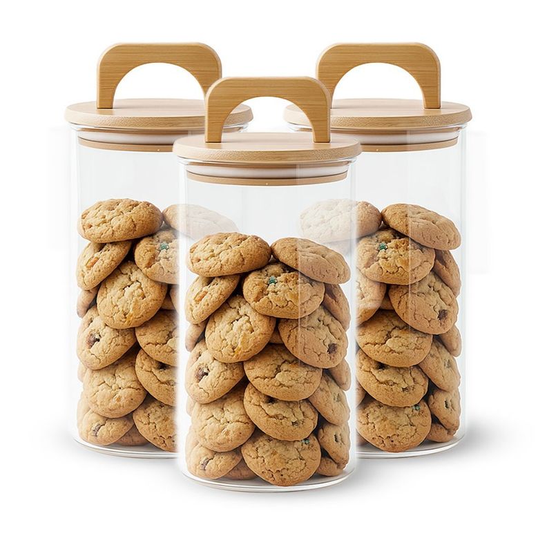 Pack 3 Contenedores Herméticos Vidrio Tapa Asa Bambú 1400ml