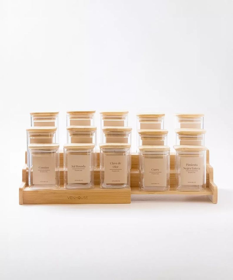 15 Especieros Cuadrados De Vidrio Rack Ampliable Bambú Etiqueta Beige-1