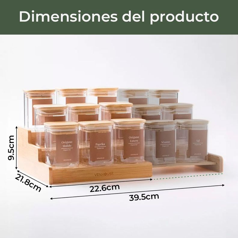15 Especieros Cuadrados De Vidrio Rack Ampliable Bambú Etiqueta Beige-2