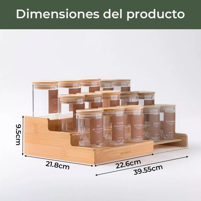 15 Especieros Redondos De Vidrio Rack Extensible Bambú Etiqueta Blanca-2