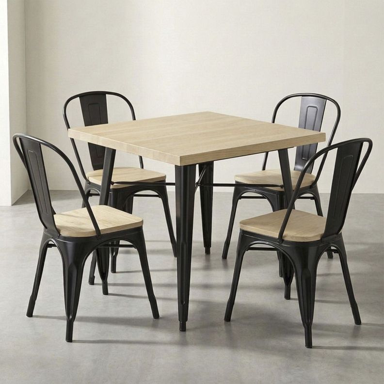 Juego De Comedor Tolix 4 Sillas Cuadrado 80cm Venhoouse Madera Natural