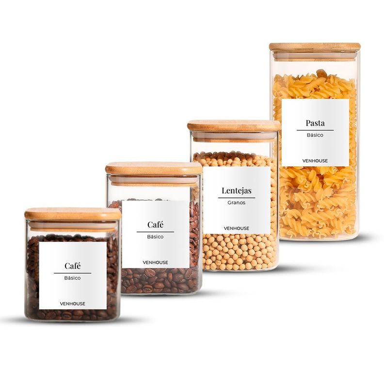 Set 4 Contenedores Herméticos Blancos Vidrio Cocina Despensa Bambú-0