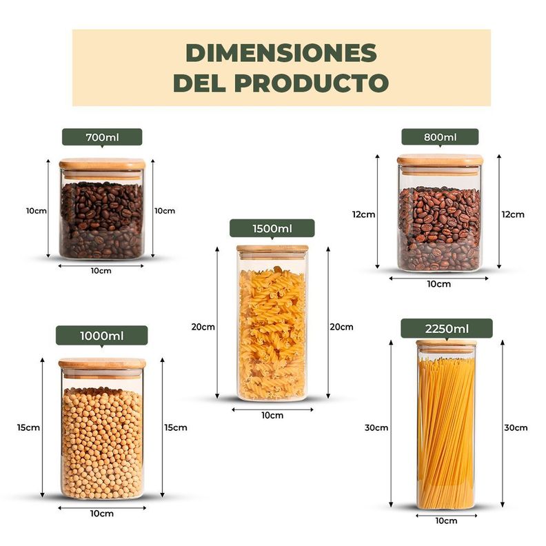 Set 4 Contenedores Herméticos Blancos Vidrio Cocina Despensa Bambú-2