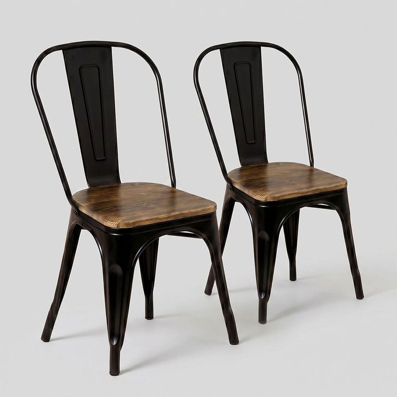 Pack 2 Sillas Tolix Negras De Metal Con Asiento De Madera Oscura Para Comedor