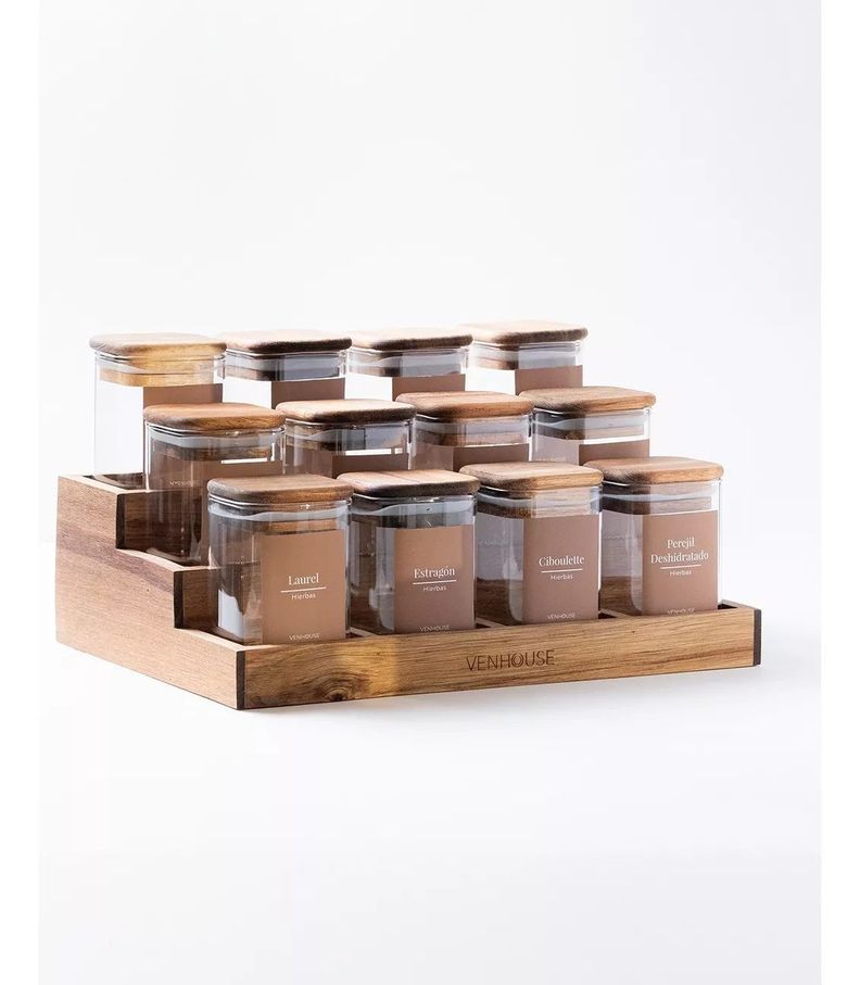 12 Especieros Herméticos De Vidrio Acacia Rack Cocina Etiqueta Marron-0