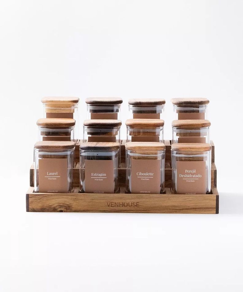 12 Especieros Herméticos De Vidrio Acacia Rack Cocina Etiqueta Marron-2