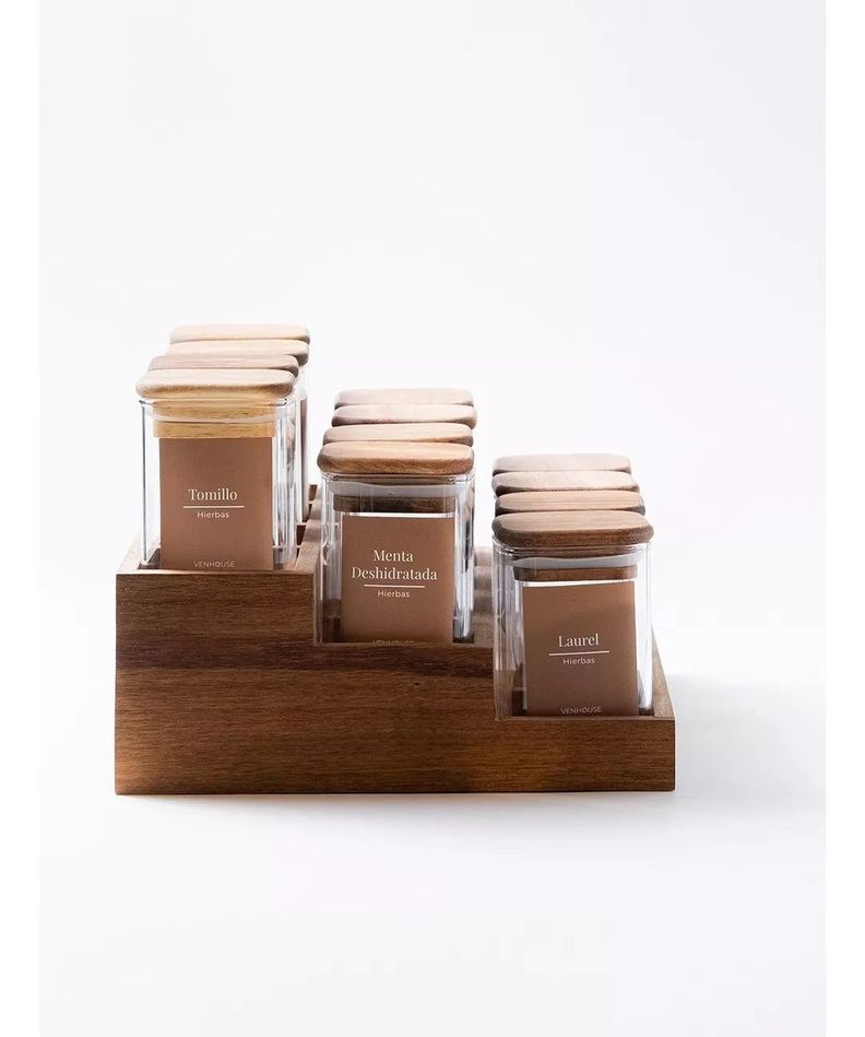 12 Especieros Herméticos De Vidrio Acacia Rack Cocina Etiqueta Marron-3