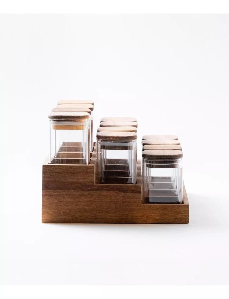 12 Especieros Herméticos De Vidrio Acacia Rack Cocina Etiqueta Marron-4