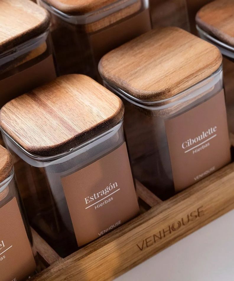 12 Especieros Herméticos De Vidrio Acacia Rack Cocina Etiqueta Marron-5