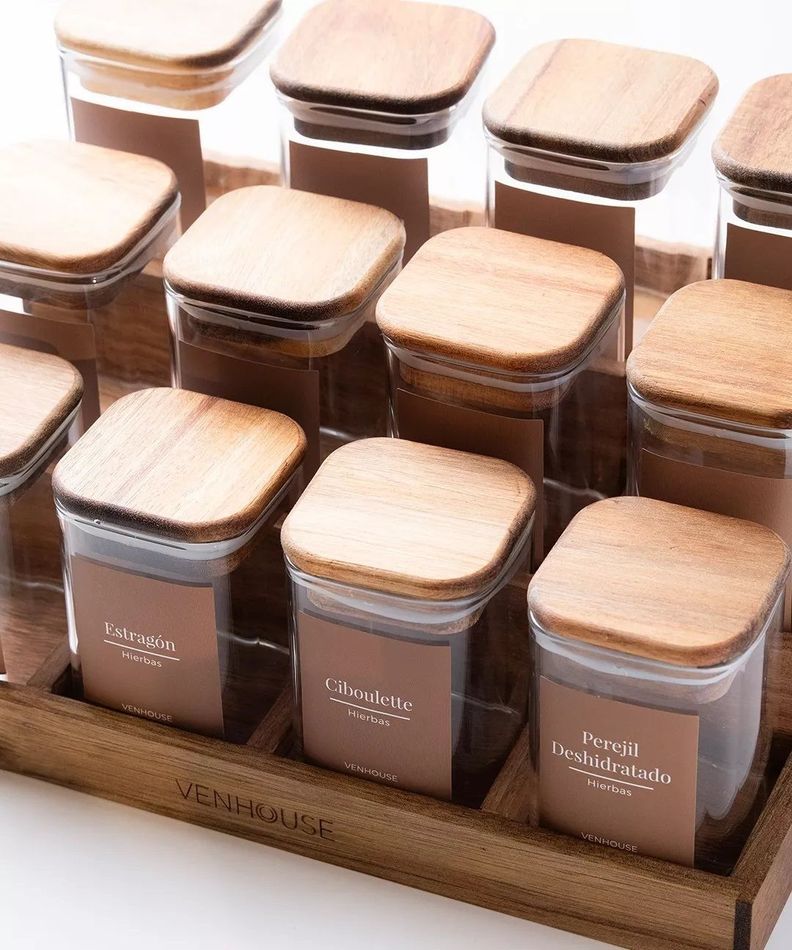 12 Especieros Herméticos De Vidrio Acacia Rack Cocina Etiqueta Marron-6