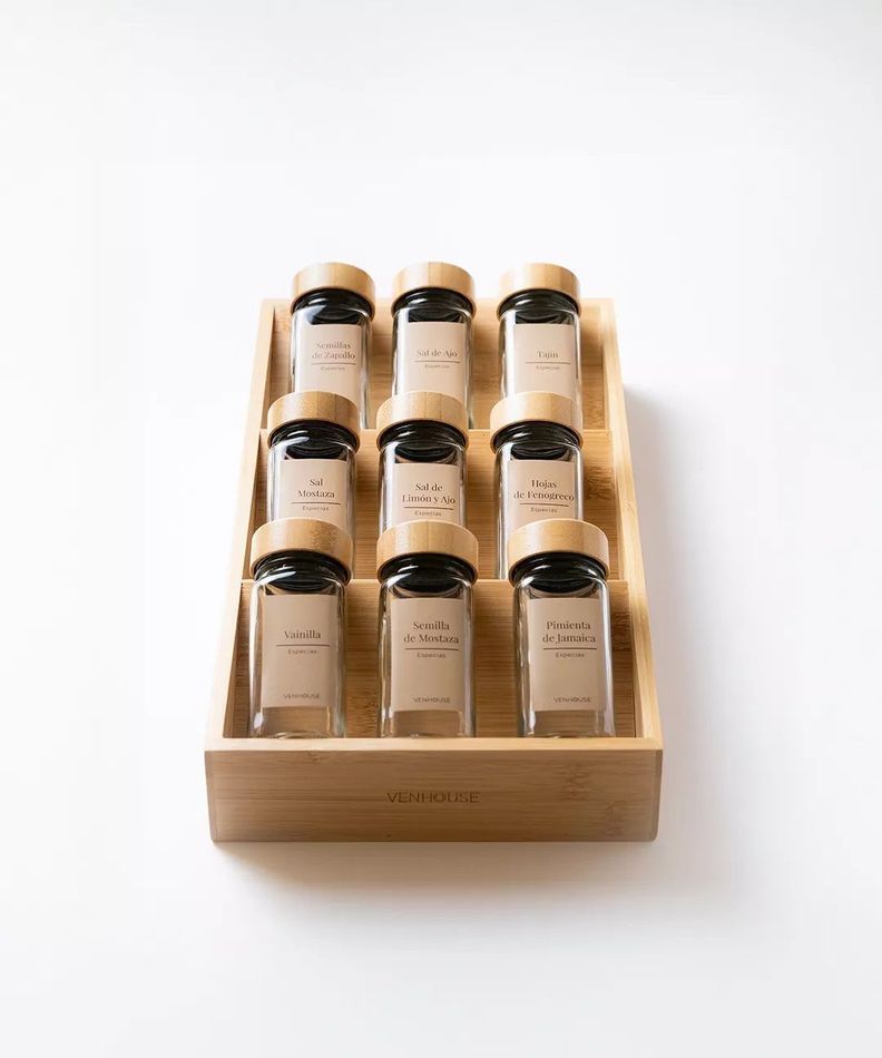 9 Especieros Condimenteros Con Rack De Bambú Cocina Etiqueta Beige-0