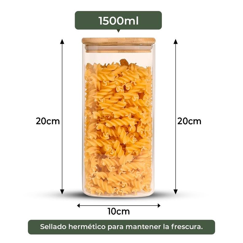 Frasco Contenedor Tarro Hermético Vidrio Tapa Bambú 1500ml-2