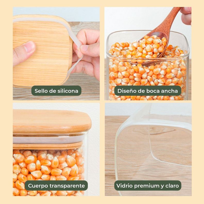 Frasco Contenedor Tarro Hermético Vidrio Tapa Bambú 1500ml-5