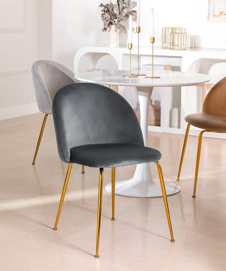 Silla De Comedor Sora Tapiz Velvet Gris Patas Doradas-1