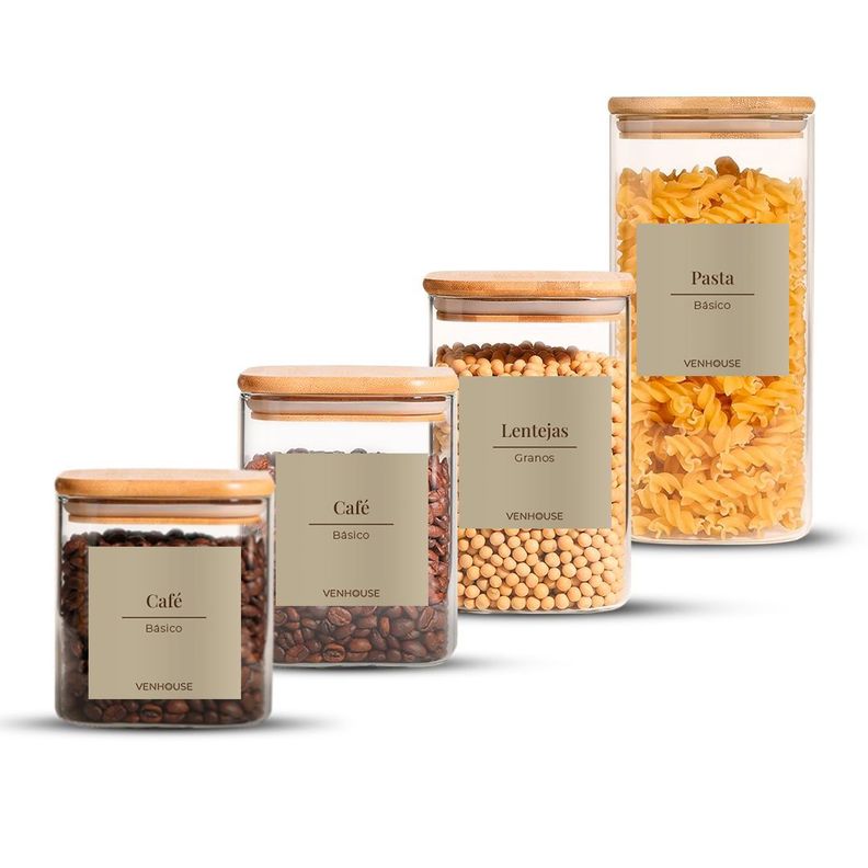 Set 4 Contenedores Herméticos Beiges Vidrio Cocina Despensa Bambú-0