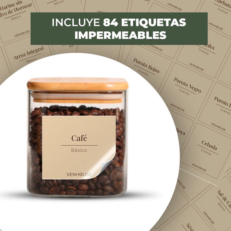 Set 4 Contenedores Herméticos Beiges Vidrio Cocina Despensa Bambú-1