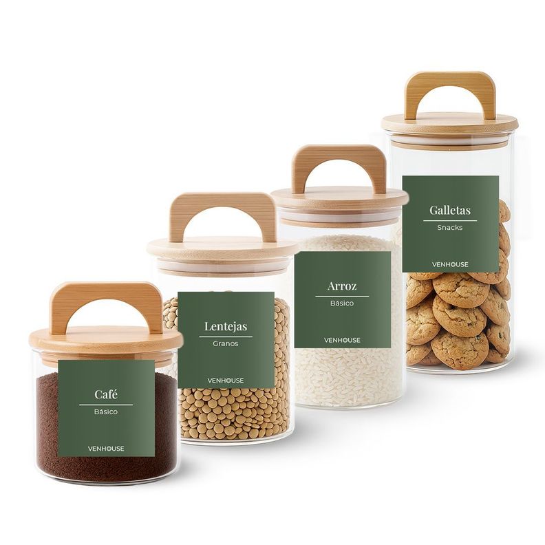 Set 4 Contenedores Herméticos Vidrio Cocina Bambú Con Asa Etiqueta Verde
