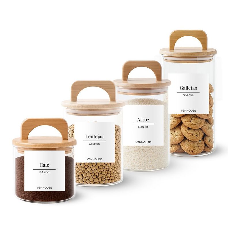 Set 4 Contenedores Herméticos Vidrio Cocina Bambú Con Asa Etiqueta Blanca