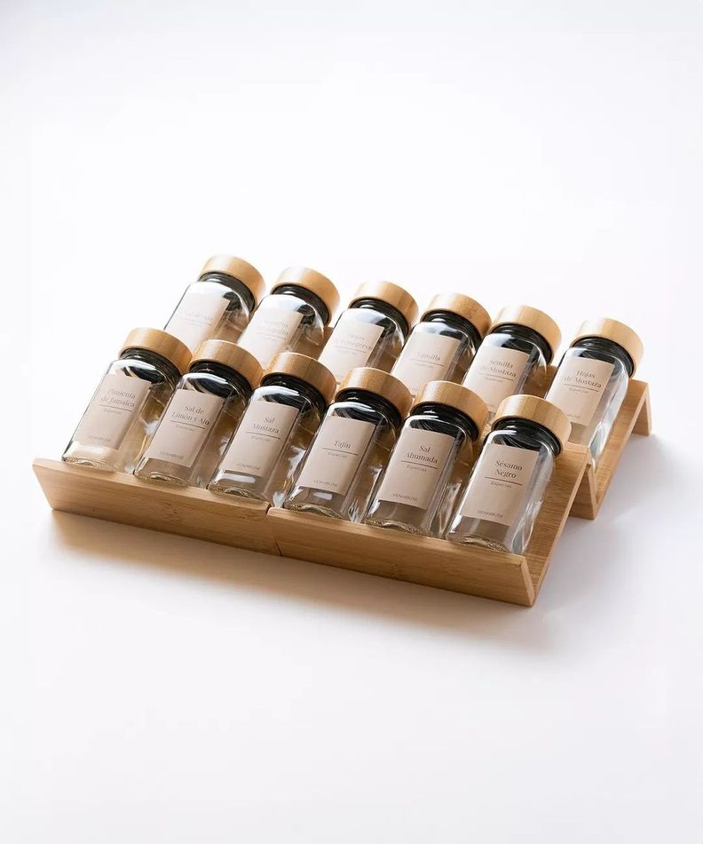 12 Especieros Condimenteros Con Rack Cajón Bambú Cocina Etiqueta Beige-0