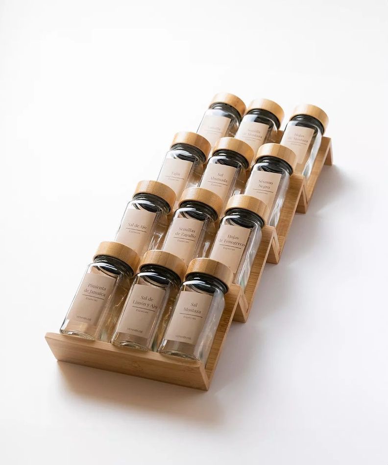 12 Especieros Condimenteros Con Rack Cajón Bambú Cocina Etiqueta Beige-2