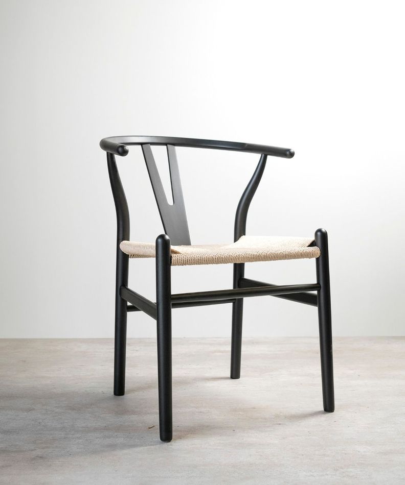 Silla Wishbone Para Comedor Madera De Haya Asiento De Cuerda Negra-0