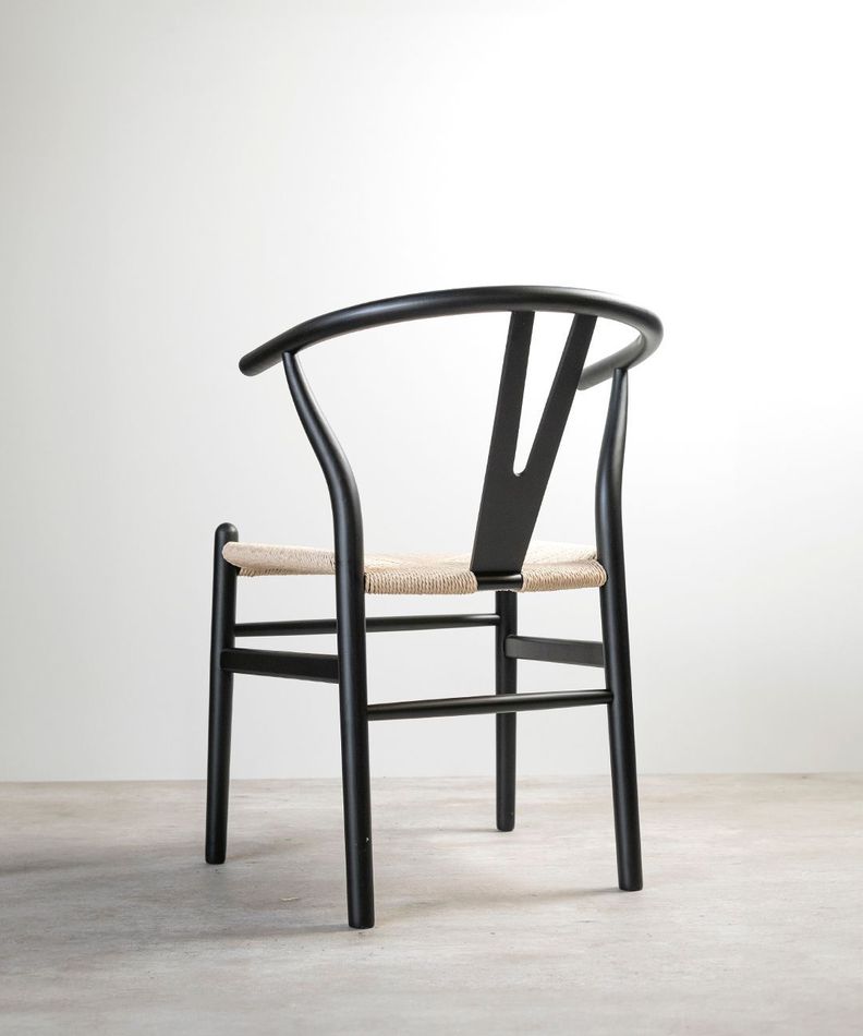 Silla Wishbone Para Comedor Madera De Haya Asiento De Cuerda Negra-1