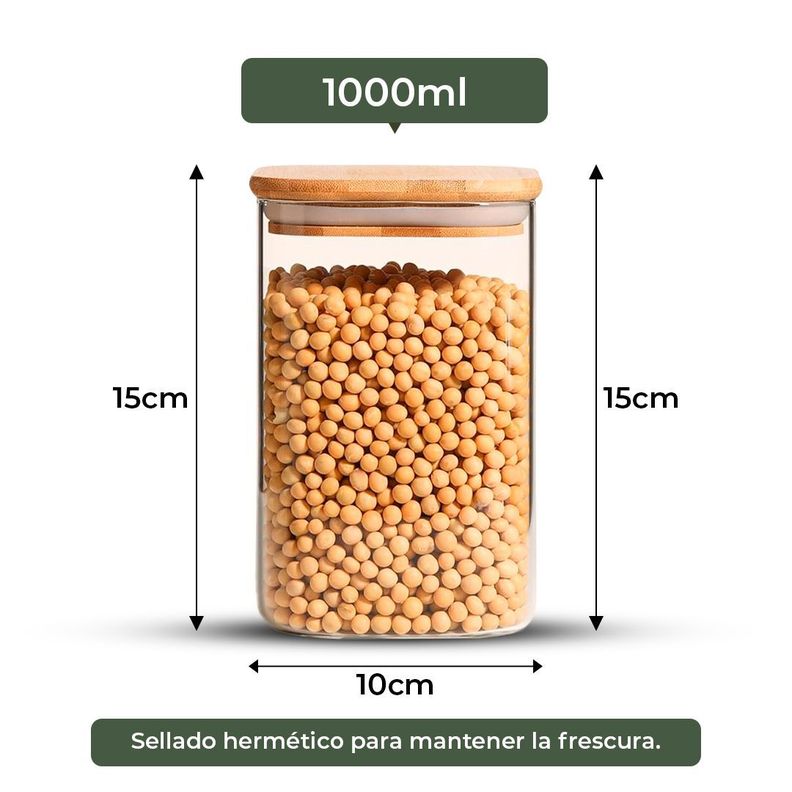 Frasco Contenedor Tarro Hermético Vidrio Tapa Bambú 1000ml-2