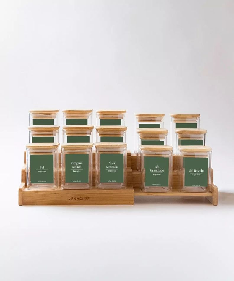 15 Especieros Cuadrados De Vidrio Rack Ampliable Bambú Etiqueta Verde-0