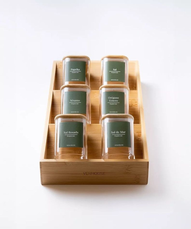 Set 6 Especieros Condimenteros Rack De Bambú Cocina Etiqueta Verde