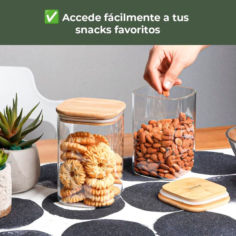Pack 4 Contenedores Tarro Hermético Vidrio Tapa Bambú 1000ml-5