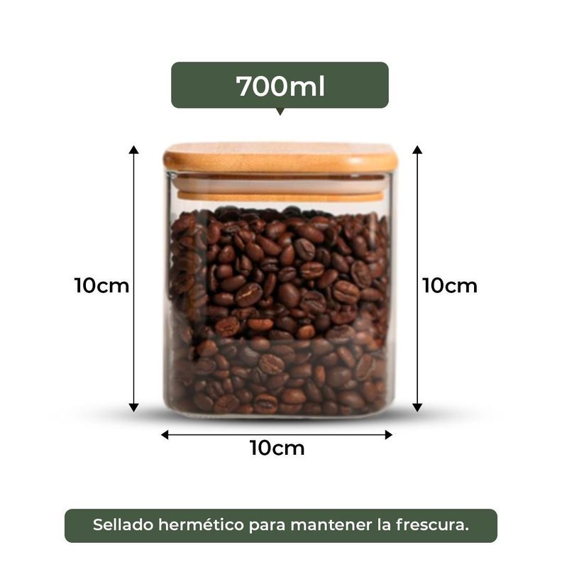 Frasco Contenedor Tarro Hermético Vidrio Tapa Bambú 700ml  10x10cm-1