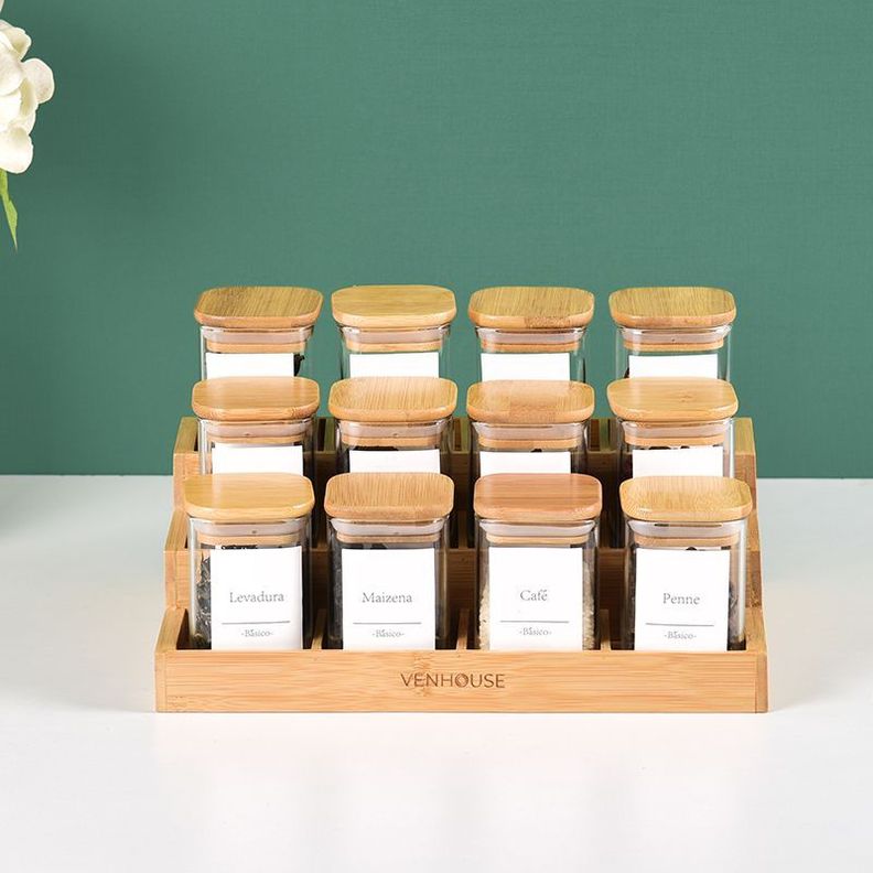 12 Especieros Herméticos De Vidrio Bambú Rack Para Cocina Etiqueta Negra-0