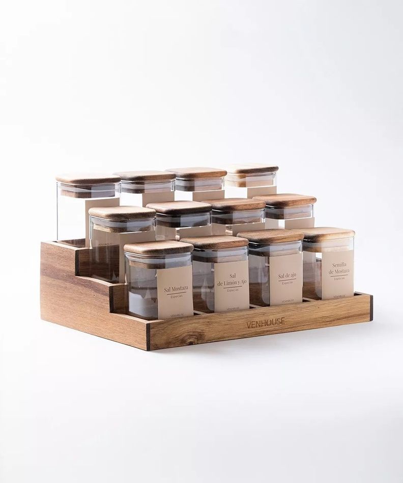 12 Especieros Herméticos De Vidrio Acacia Rack Cocina Etiqueta Beige-0