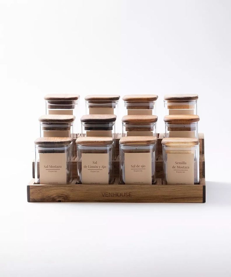 12 Especieros Herméticos De Vidrio Acacia Rack Cocina Etiqueta Beige-2