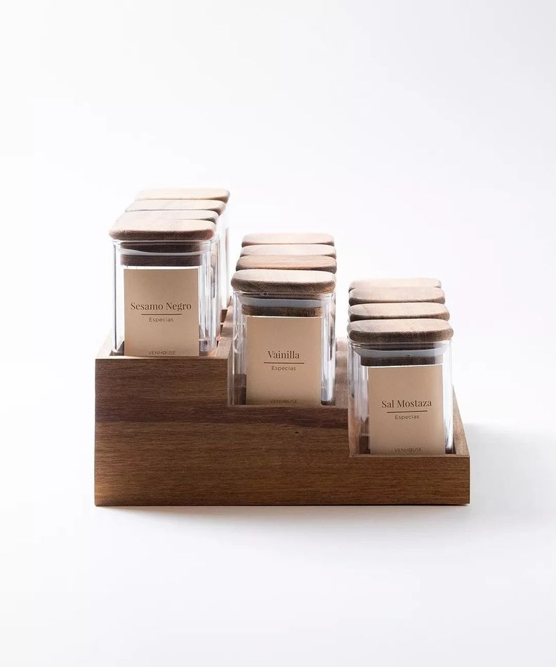 12 Especieros Herméticos De Vidrio Acacia Rack Cocina Etiqueta Beige-3