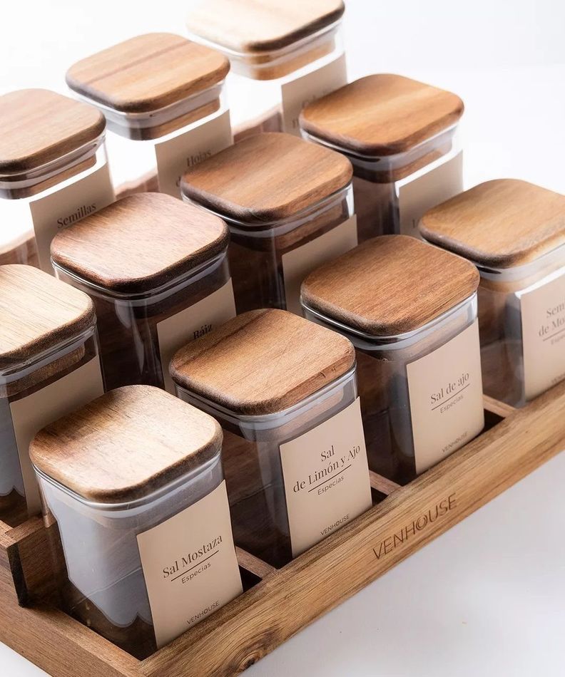 12 Especieros Herméticos De Vidrio Acacia Rack Cocina Etiqueta Beige-4