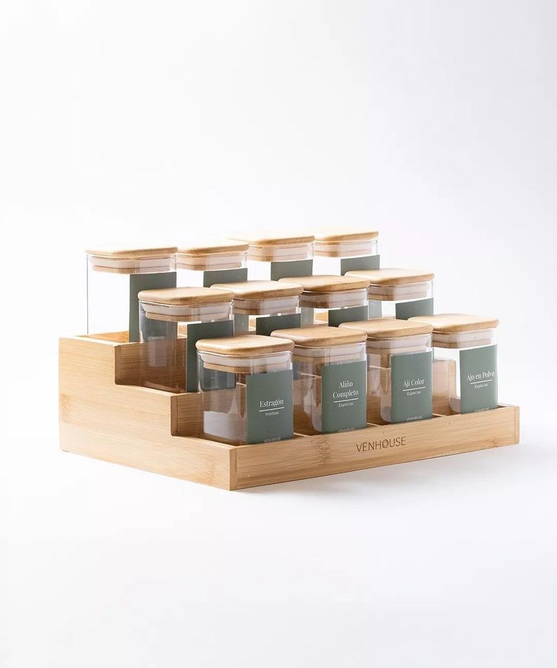 12 Especieros Herméticos De Vidrio Bambú Rack Para Cocina Etiqueta Verde-0
