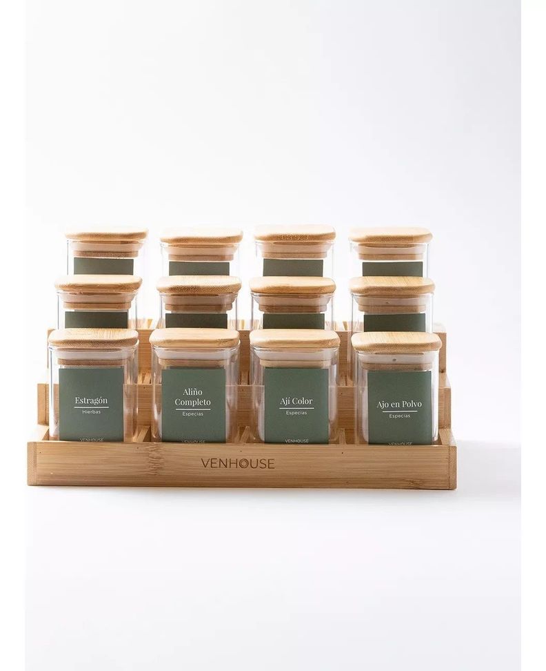 12 Especieros Herméticos De Vidrio Bambú Rack Para Cocina Etiqueta Verde-1