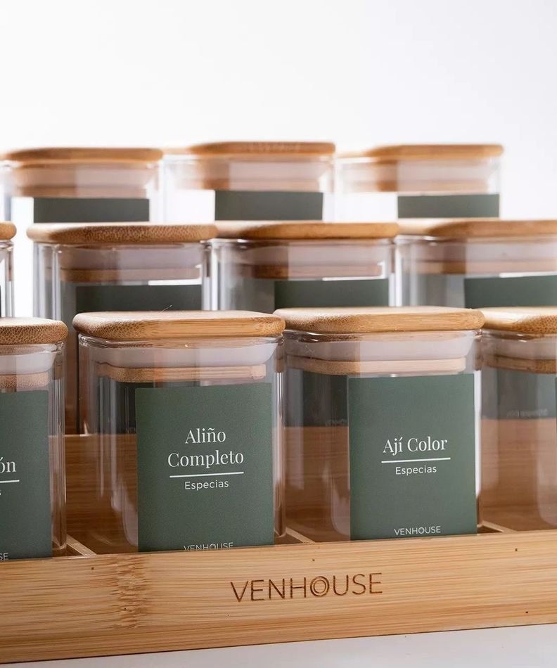 12 Especieros Herméticos De Vidrio Bambú Rack Para Cocina Etiqueta Verde-2