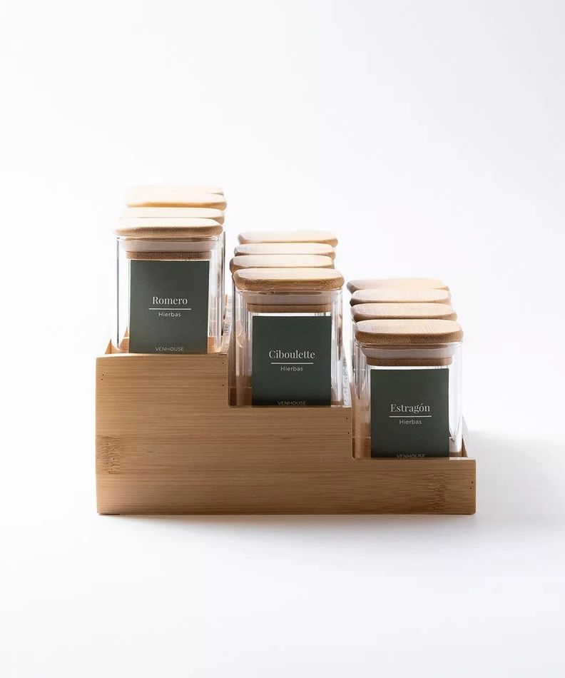 12 Especieros Herméticos De Vidrio Bambú Rack Para Cocina Etiqueta Verde-3