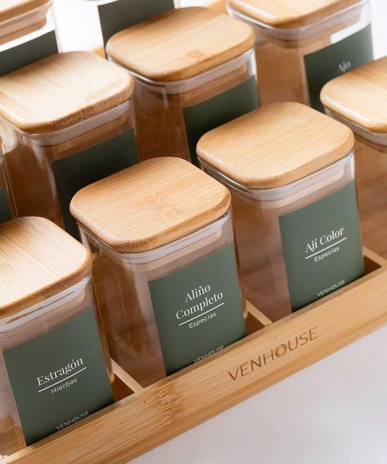 12 Especieros Herméticos De Vidrio Bambú Rack Para Cocina Etiqueta Verde-4