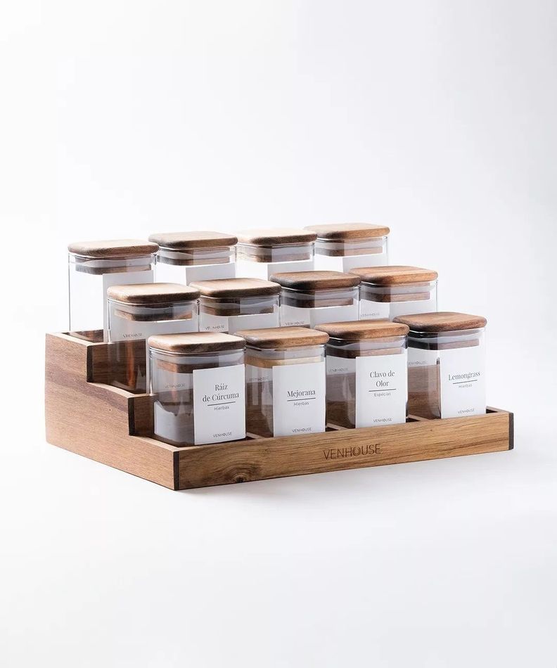 12 Especieros Herméticos De Vidrio Acacia Rack Cocina Etiqueta Blanca-0