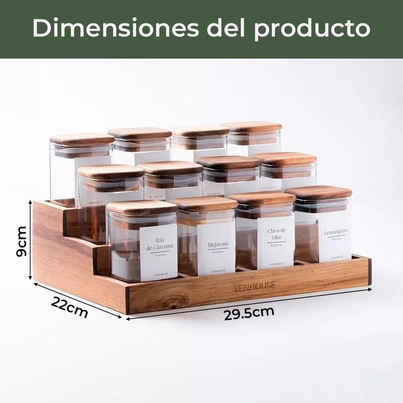 12 Especieros Herméticos De Vidrio Acacia Rack Cocina Etiqueta Blanca-1