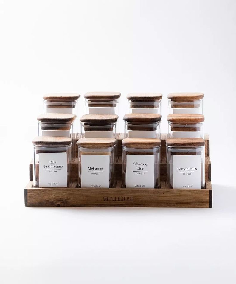 12 Especieros Herméticos De Vidrio Acacia Rack Cocina Etiqueta Blanca-2