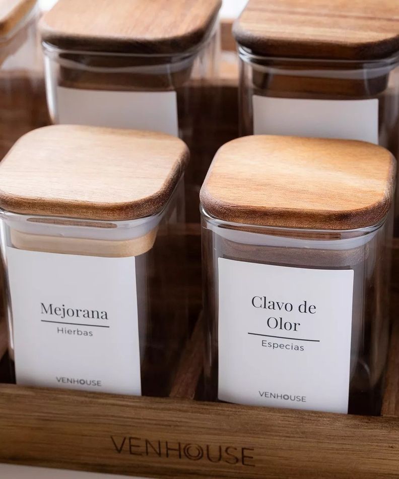 12 Especieros Herméticos De Vidrio Acacia Rack Cocina Etiqueta Blanca-4