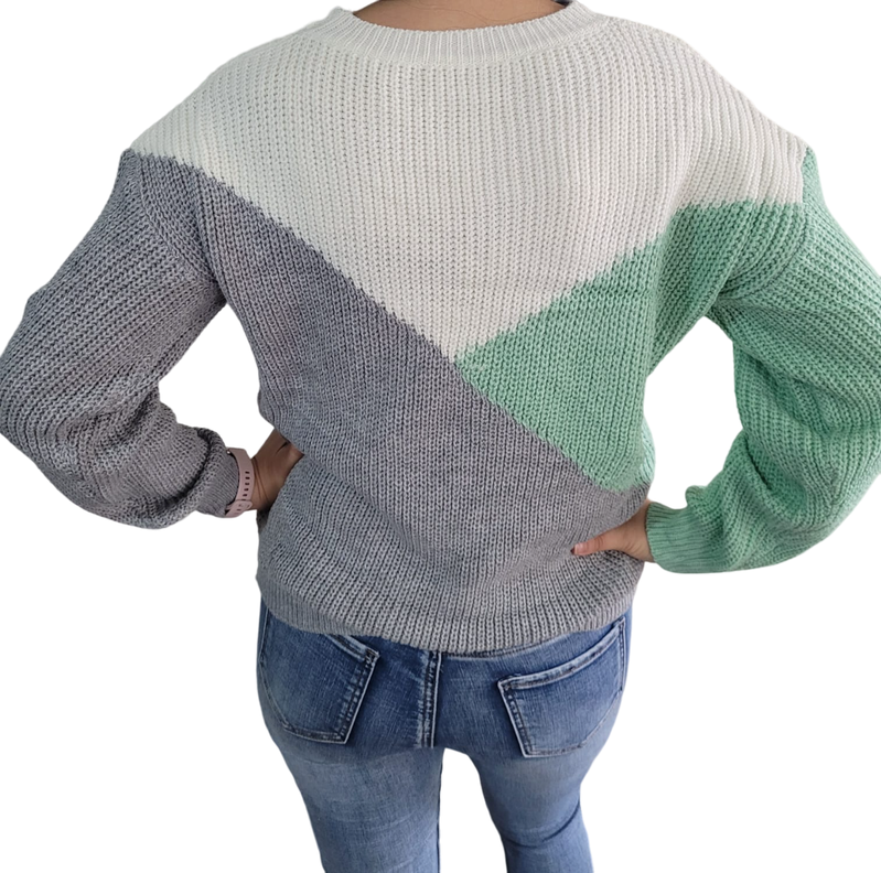 Sweater de tres colores Turquesa y Gris-1