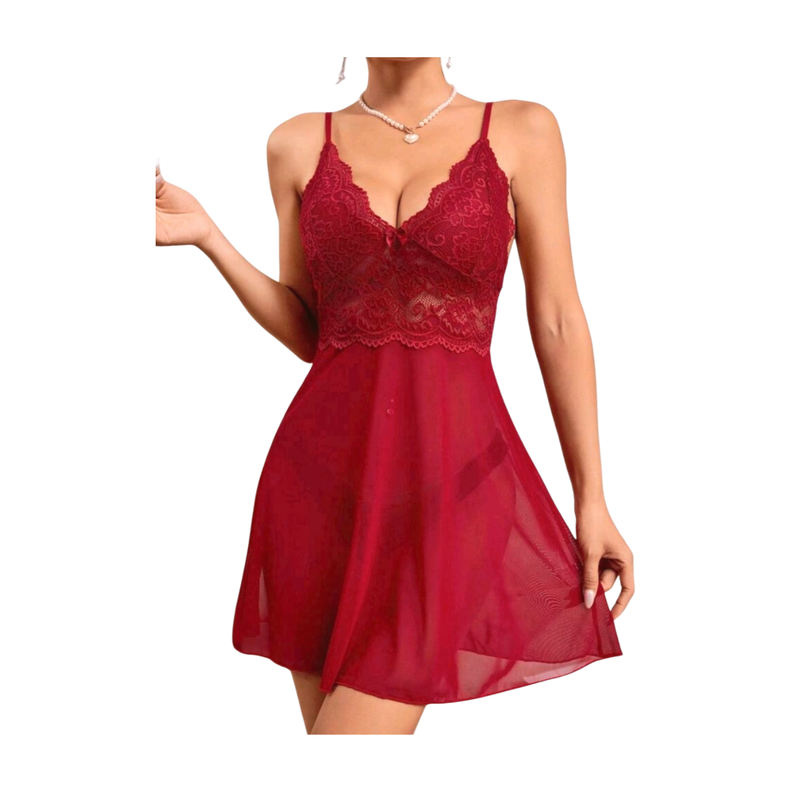 Camisola Vestido de Dormir Burdeo Con Encaje-5
