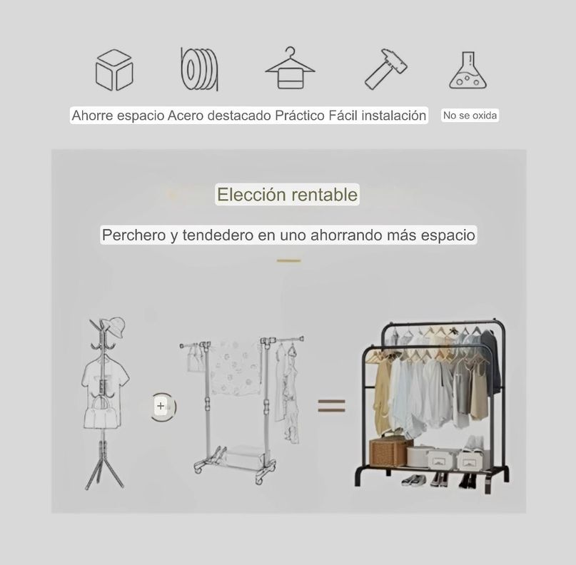 Perchero Doble Organizador de Ropa Resistente Hasta 35 Kilos Negro-3