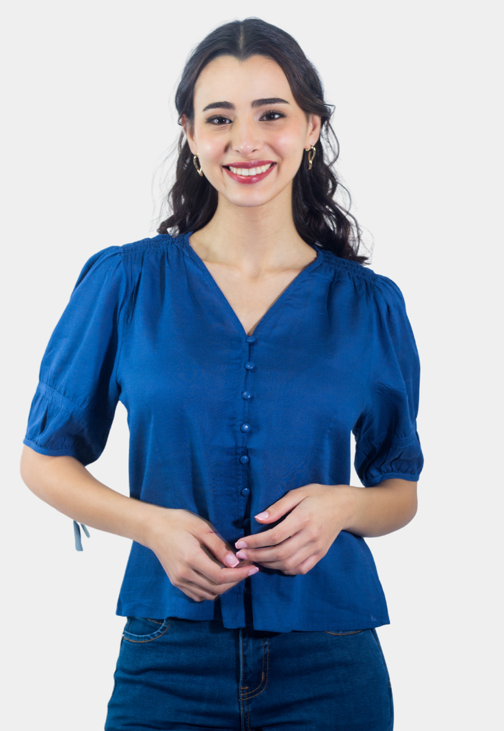 Blusa Abotonada Manga 3/4 Azul Tentation-0