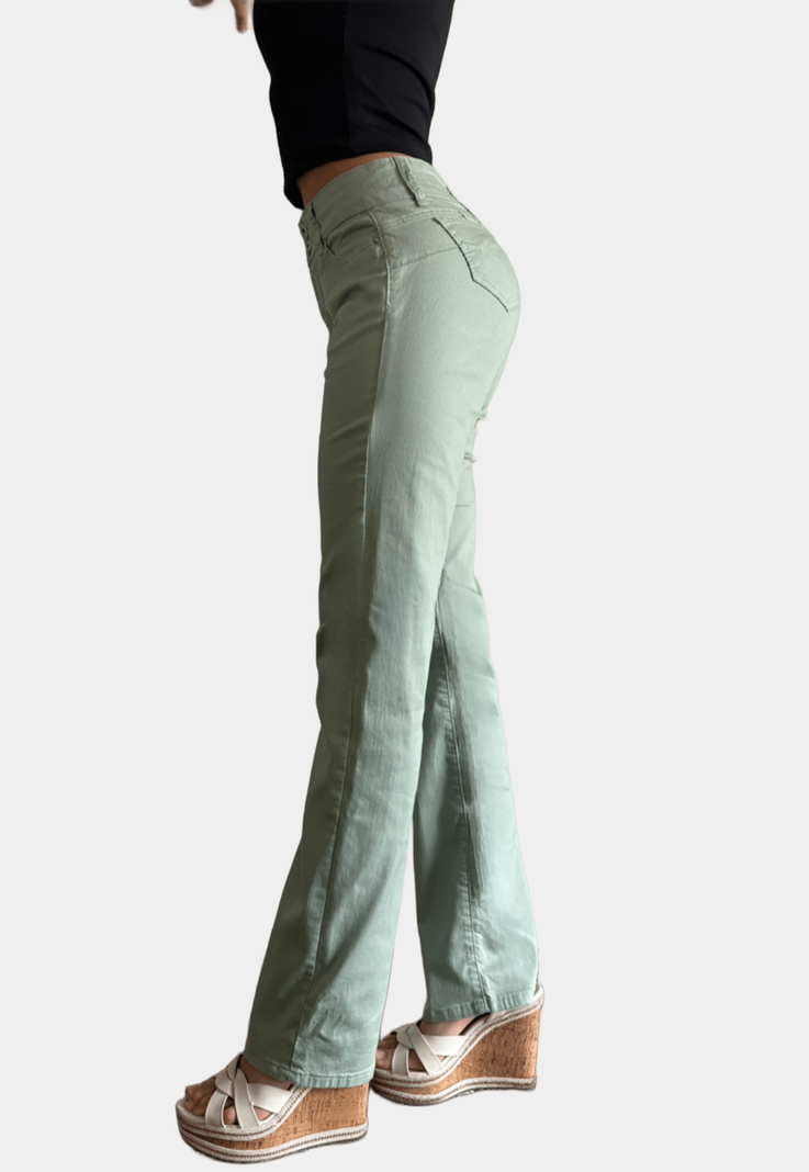 Pantalon Recto Tiro Alto Push Up Verde Tentation -1
